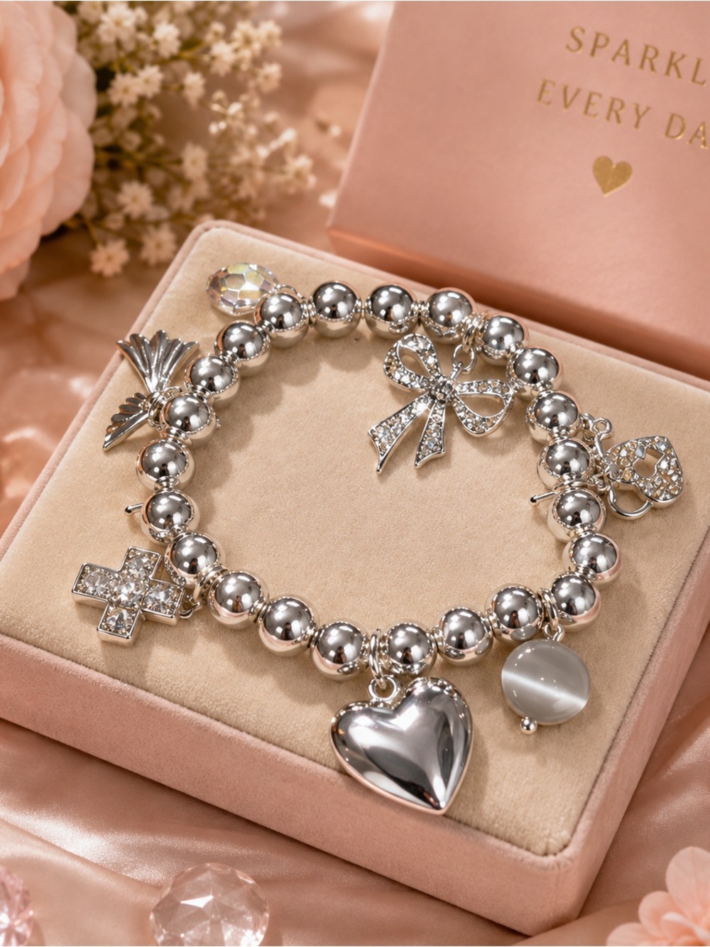 NWT Vintage.  Silvertone Beaded Stretch Charm Bracelet Rhinestone Heart Angel